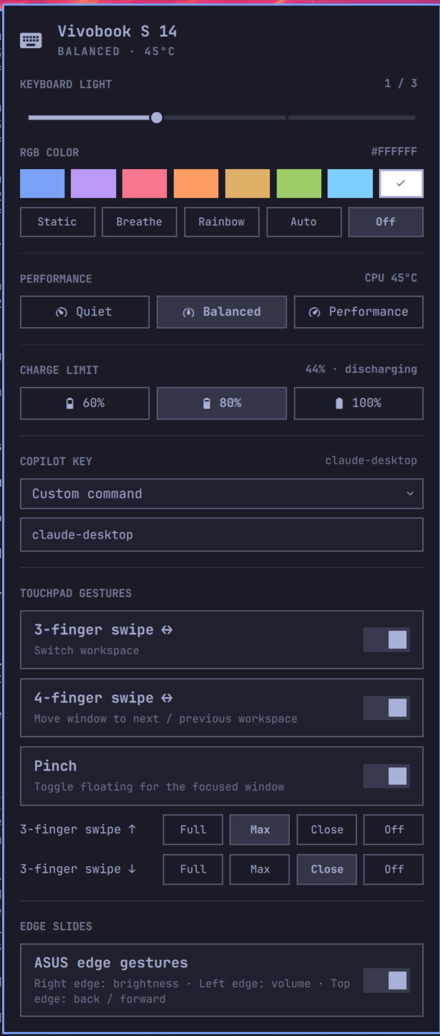 The Vivobook Control panel open from the Omarchy bar: keyboard light, RGB color, performance, charge limit, Copilot key, touchpad gestures and edge slides